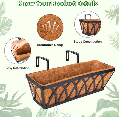 LCHUANG Deck Railing Planter Window Box - 3 Pack 24 Inch Deck Balcony Rail Planter with Coconut Coir Liner, Fence Metal Hanging Flower Planter Basket Deck Railing Planter Boxes for Outdoor Lawn