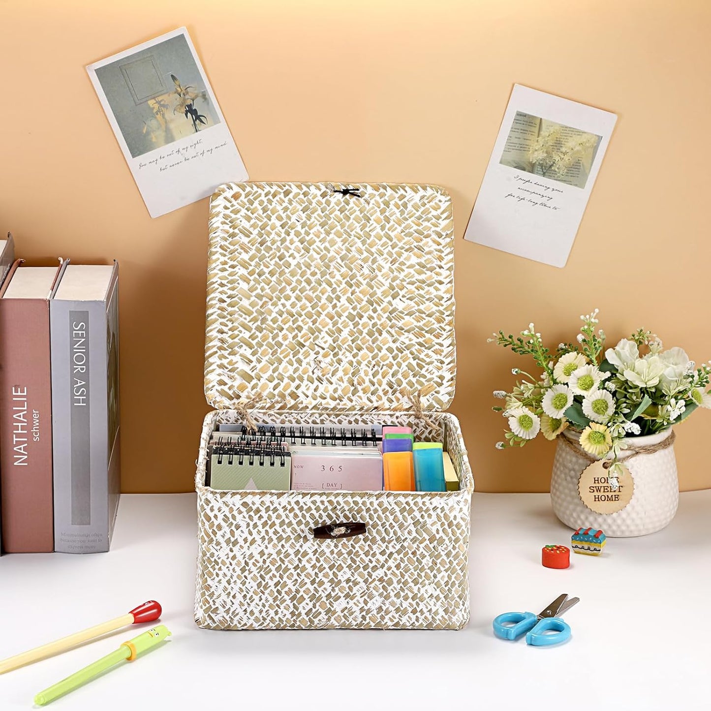 Hipiwe Seagrass Basket with Lid Wicker Storage Basket Square Handwoven Decorative Baskets Box for Shelf Multipurpose Household Baskets Home Decor,X-small