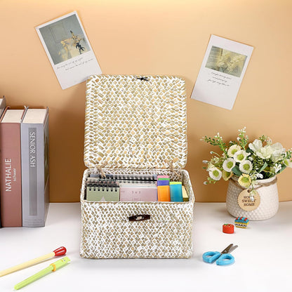 Hipiwe Seagrass Basket with Lid Wicker Storage Basket Square Handwoven Decorative Baskets Box for Shelf Multipurpose Household Baskets Home Decor,X-small