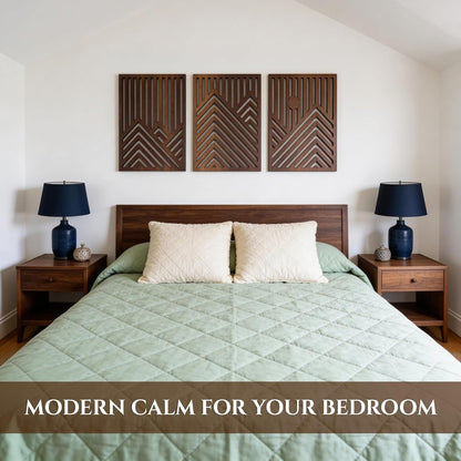 qmmp Modern Wooden Wall Sculptures - Set of 3 - Home Decor Accent - Large Wall Art for Living Room, Bedroom, Office - Easy Installation (Oak, Medium - Mountain and Sun)