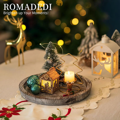 Romadedi Rustic Wooden Tray Candle Holder - Round Wood Decorative Pillar Candle Tray for Coffee Table Farmhouse Kitchen Countertop Organizer Home Decor Wedding Centerpiece, Distressed White