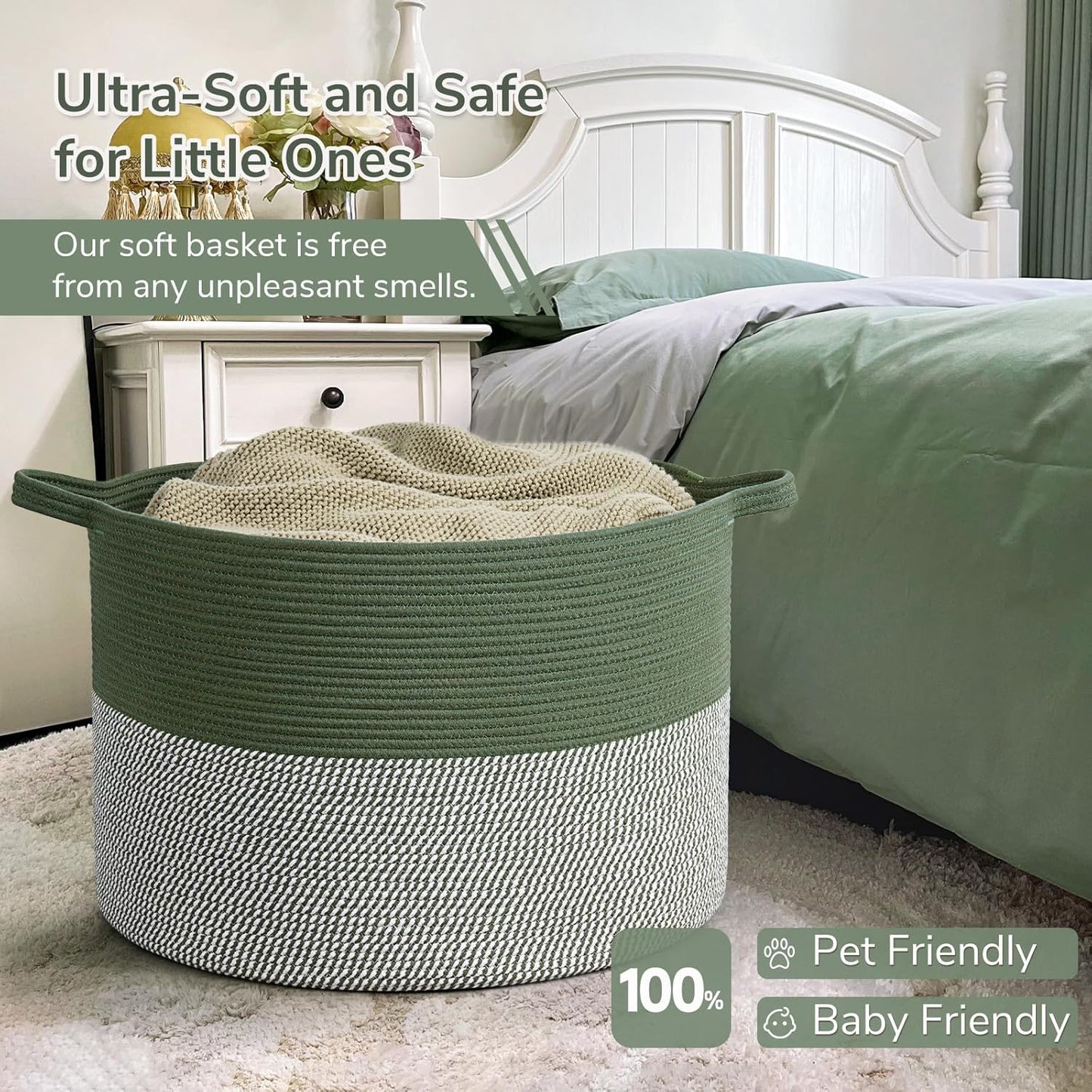 INDRESSME XXXLarge Blanket Basket for Living Room 21.7" x 21.7" x 13.8"-Storage Basket with Handle for Organizing Toy Pillows Woven Cotton Rope Laundry Basket Stuffed Animal Toy Storage for Play Room