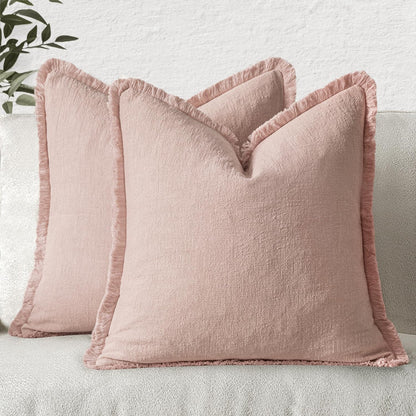 MIULEE Decorative Throw Pillow Covers Neutral Linen Fringe Throw Pillows Set of 2 Natural Beige Boho Farmhouse Cushion Covers with Tassels for Couch Sofa Bed Spring Home Decor 20x20 Inch