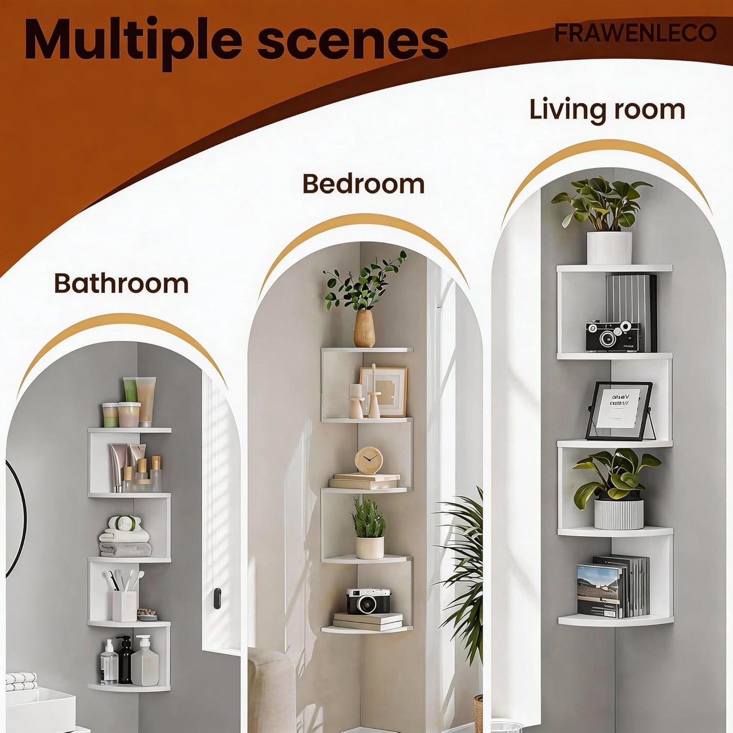 No-Drill Corner Shelf Wall Mount, 5-Tier Floating Corner Bookshelf with Hooks, Space-Saving Zigzag Plant Shelf for Bedroom, Living Room, Bathroom, Home Office