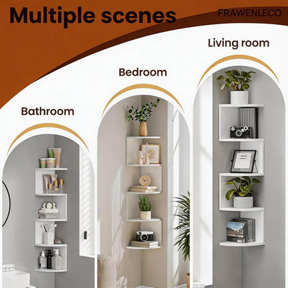 No-Drill Corner Shelf Wall Mount, 5-Tier Floating Corner Bookshelf with Hooks, Space-Saving Zigzag Plant Shelf for Bedroom, Living Room, Bathroom, Home Office