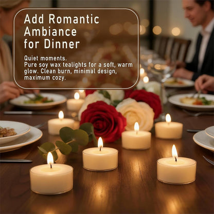 Soy Wax Tealight Candles 100 Packs, 4 Hour Long Burning, Unscented White Smokeless Candles, Non-Toxic Paraffin-Free Clear Acrylic Cup Tea Lights for Weddings, Home, Emergencies & Dinner
