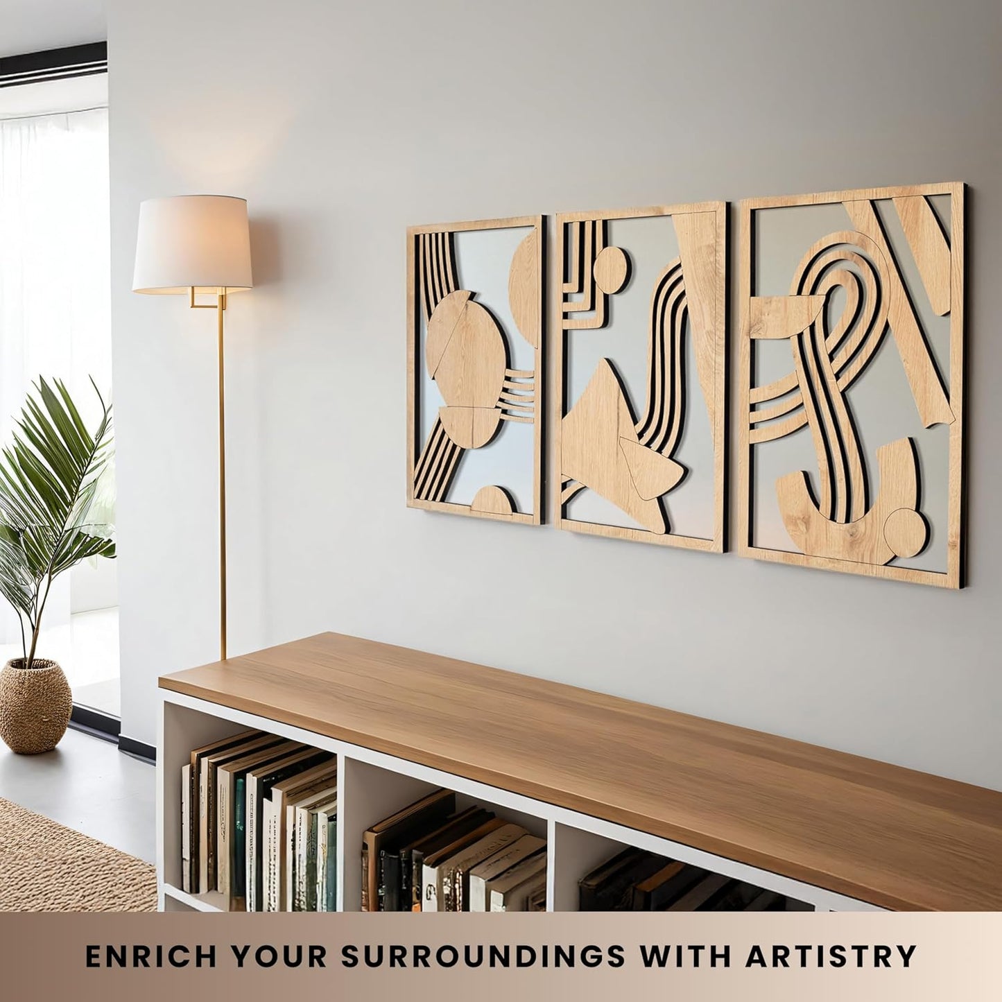 qmmp Modern Wooden Wall Sculptures - Set of 3 - Home Decor Accent - Large Wall Art for Living Room, Bedroom, Office - Easy Installation (Oak, Medium - Mountain and Sun)