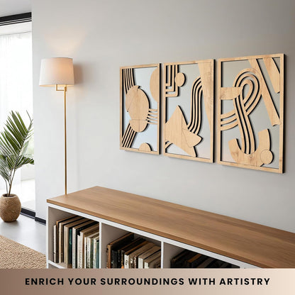 qmmp Modern Wooden Wall Sculptures - Set of 3 - Home Decor Accent - Large Wall Art for Living Room, Bedroom, Office - Easy Installation (Oak, Medium - Mountain and Sun)