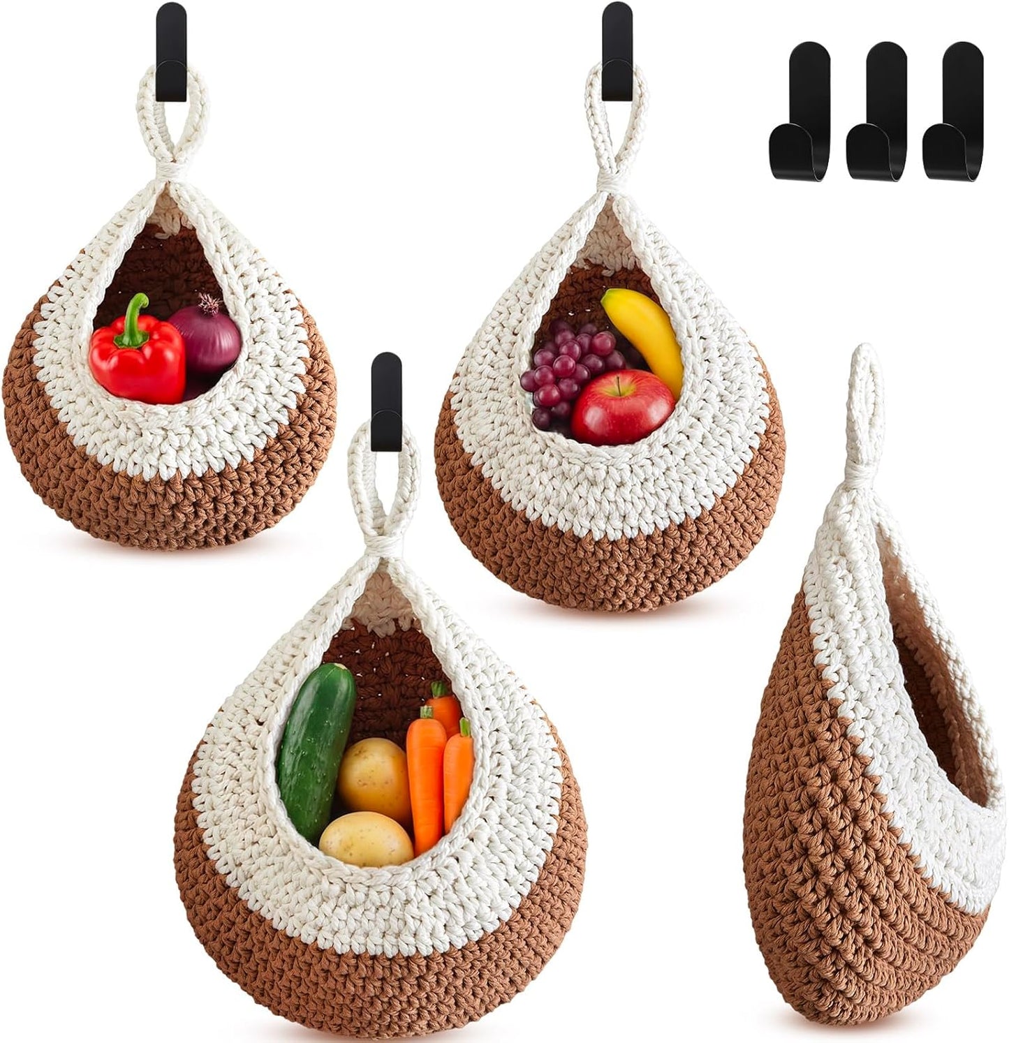 Honeydak Boho Decor Hanging Wall Baskets for Kitchen 3 Pack Teardrop Baskets with Hooks Storage Fruit Onion Vegetable Potato for Home 3 Sizes(Linen,Teardrop,Jute)