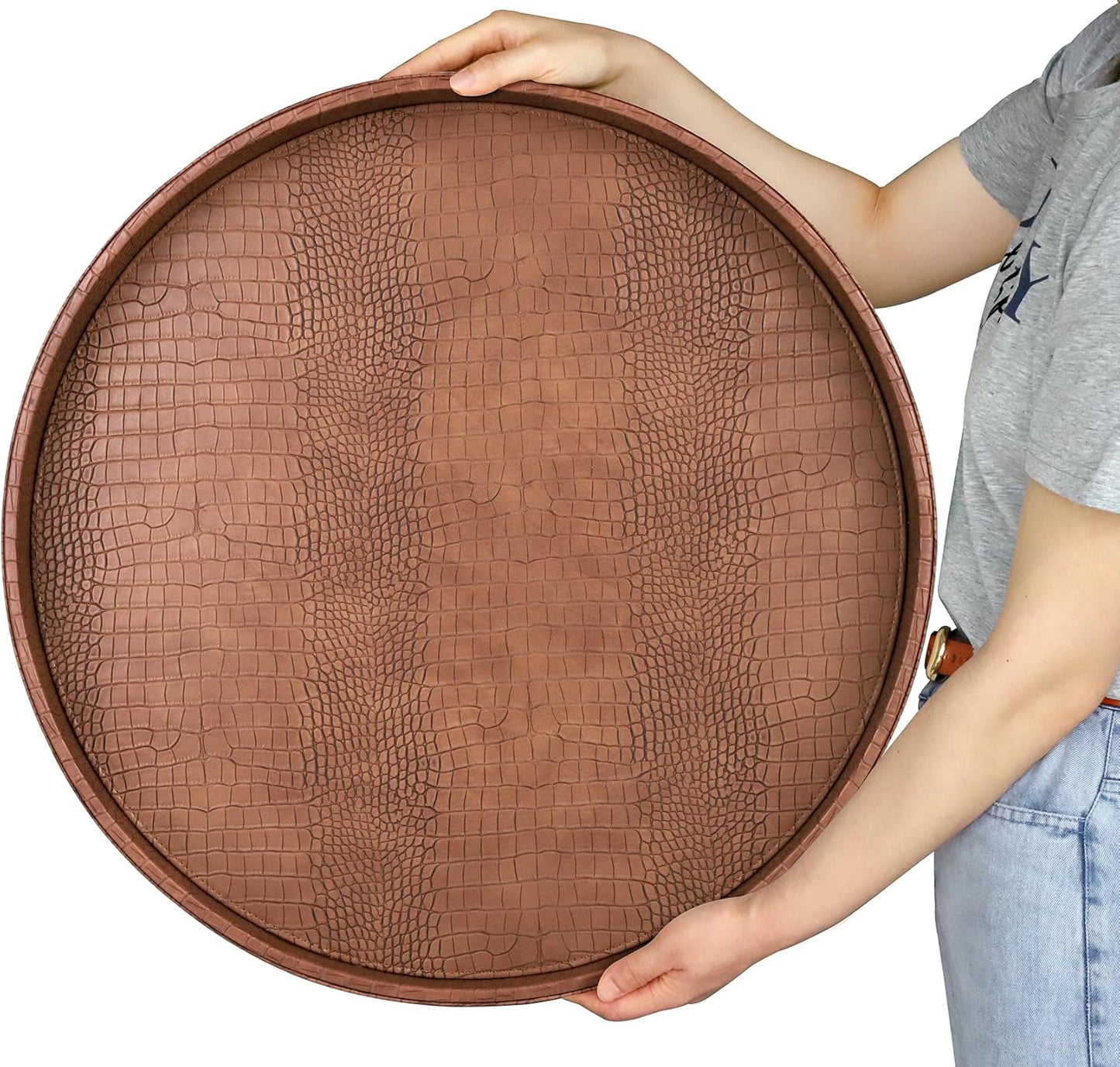 HofferRuffer Round Serving Tray 20'', Elegant Faux Leather Circle Ottoman Table Tray, Serve Tea Coffee Breakfast in Bedroom Living Room Kitchen (Brown)