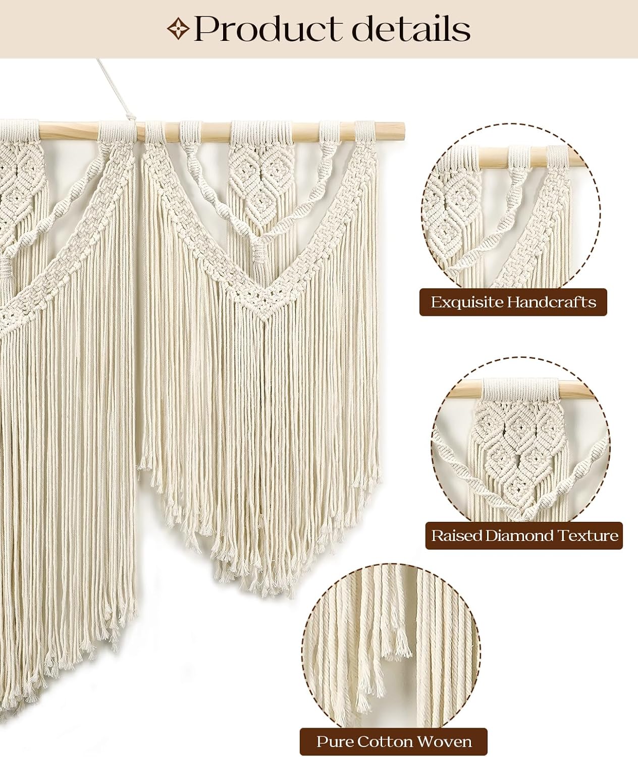 Tempospark Large Macrame Wall Hanging, 43" Wx32 L Boho Wall Hangings for Living Room Bedroom Nursery, Boho Chic Large Macrame Tapestry for Bedroom Wall Decor (Tassel)