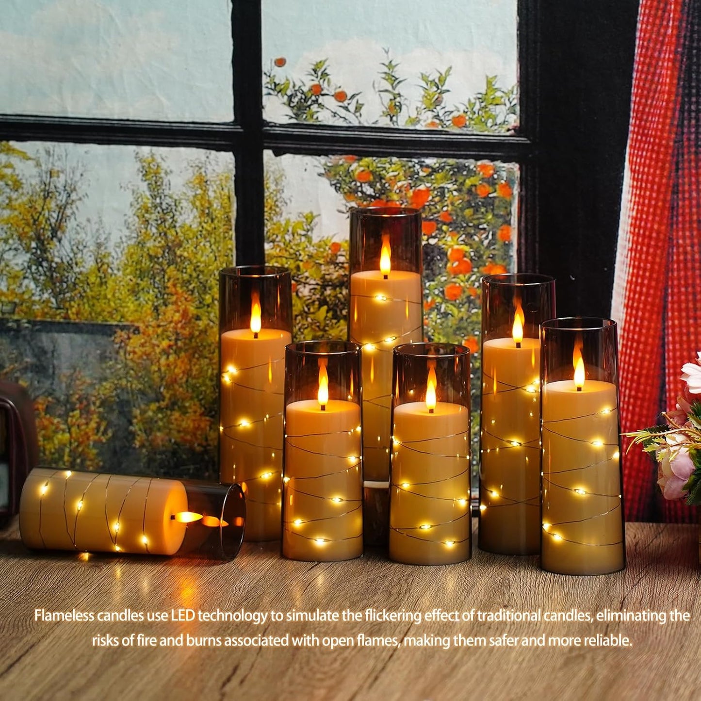 Nimiko Flickering Flameless LED Candles, 9 Pcs with Embedded Star String, Acrylic LED Pillar Candles with Remote, Suitable for Home Decoration (White)