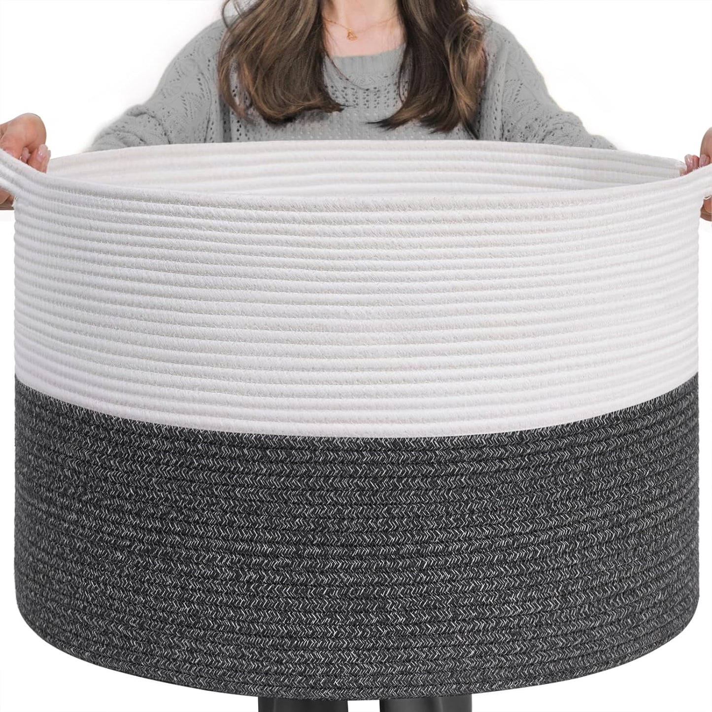 INDRESSME XXXLarge Blanket Basket for Living Room 21.7" x 21.7" x 13.8"-Storage Basket with Handle for Organizing Toy Pillows Woven Cotton Rope Laundry Basket Stuffed Animal Toy Storage for Play Room