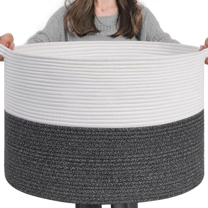 INDRESSME XXXLarge Blanket Basket for Living Room 21.7" x 21.7" x 13.8"-Storage Basket with Handle for Organizing Toy Pillows Woven Cotton Rope Laundry Basket Stuffed Animal Toy Storage for Play Room