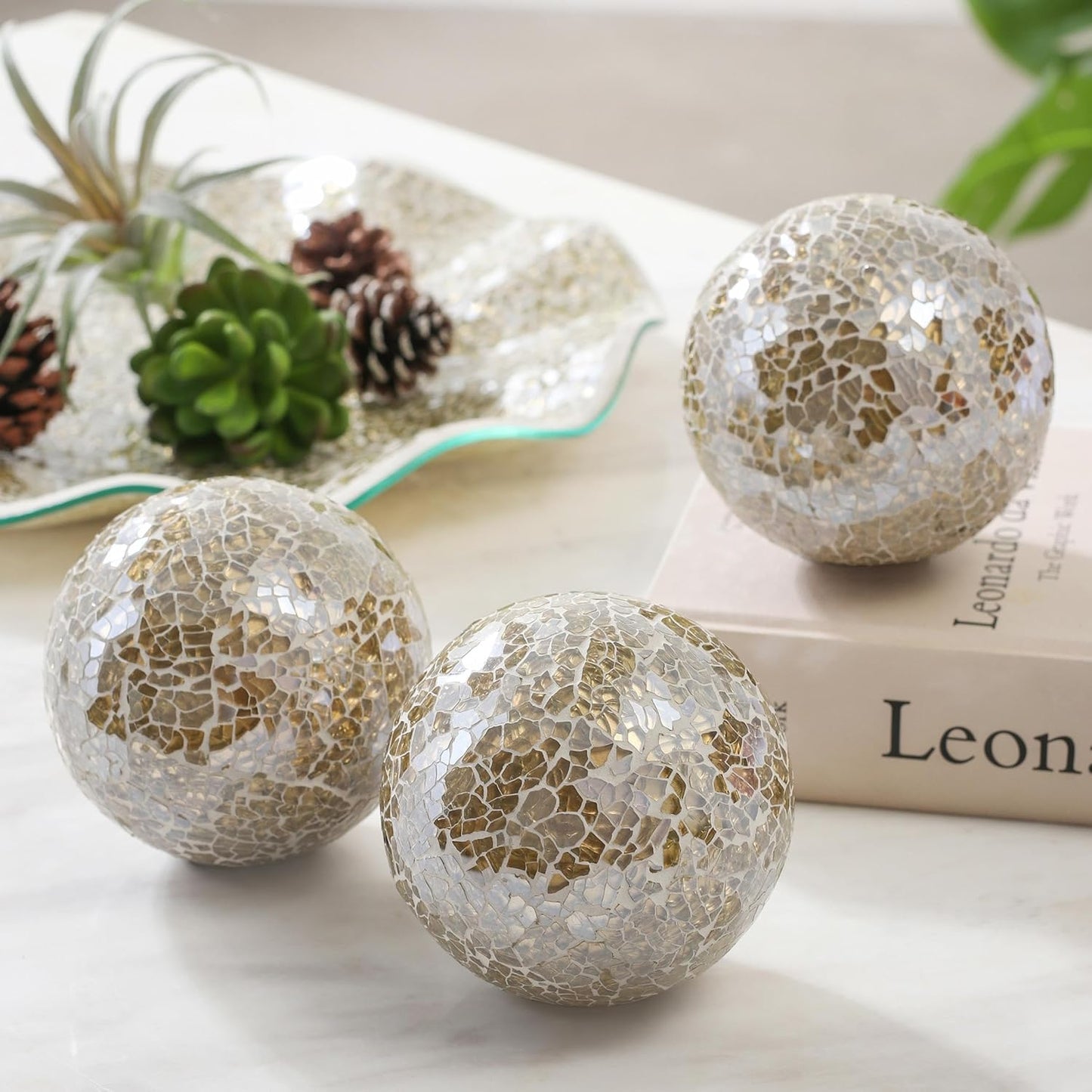Decorative Mosaic Glass Orbs, 4 Inch Diameter, Set of 3 Sphere Balls, Rose Gold (Gold)
