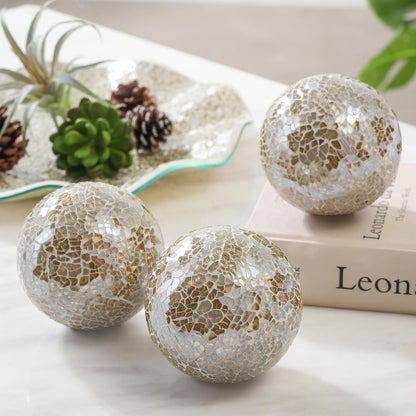 Decorative Mosaic Glass Orbs, 4 Inch Diameter, Set of 3 Sphere Balls, Rose Gold (Gold)
