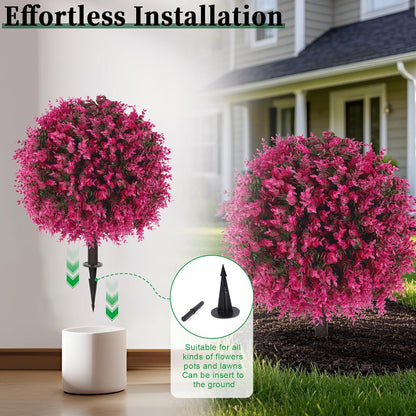 Artificial Lavender Topiary Ball Trees, 2 Set of UV Resistant Fake Evergreen Shrubs Bushes Plants with Ground Spike, Fake Plants for Outdoor Indoor Front Porch Garden