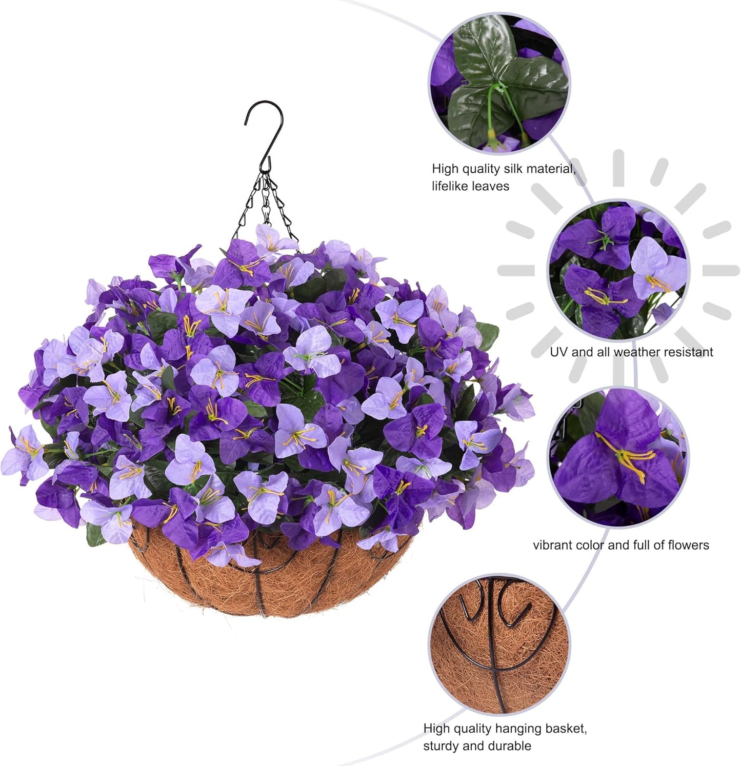 Artificial Hanging Flowers Faux Plants Basket for Outdoors Spring Summer Decor, Fake Silk Bougainvillea in Planter Outdoor Look Real UV Resistant Faux Flower for Outside Porch Patio Garden Home, White