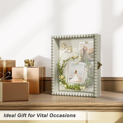 Love-KANKEI Shadow Box Frame 11x14, Deep Large Shadow Box Display Case with Unique Beads Door and Glass Window, Wood Memory Box for Pictures,Medals,Memorabilia,Collections White