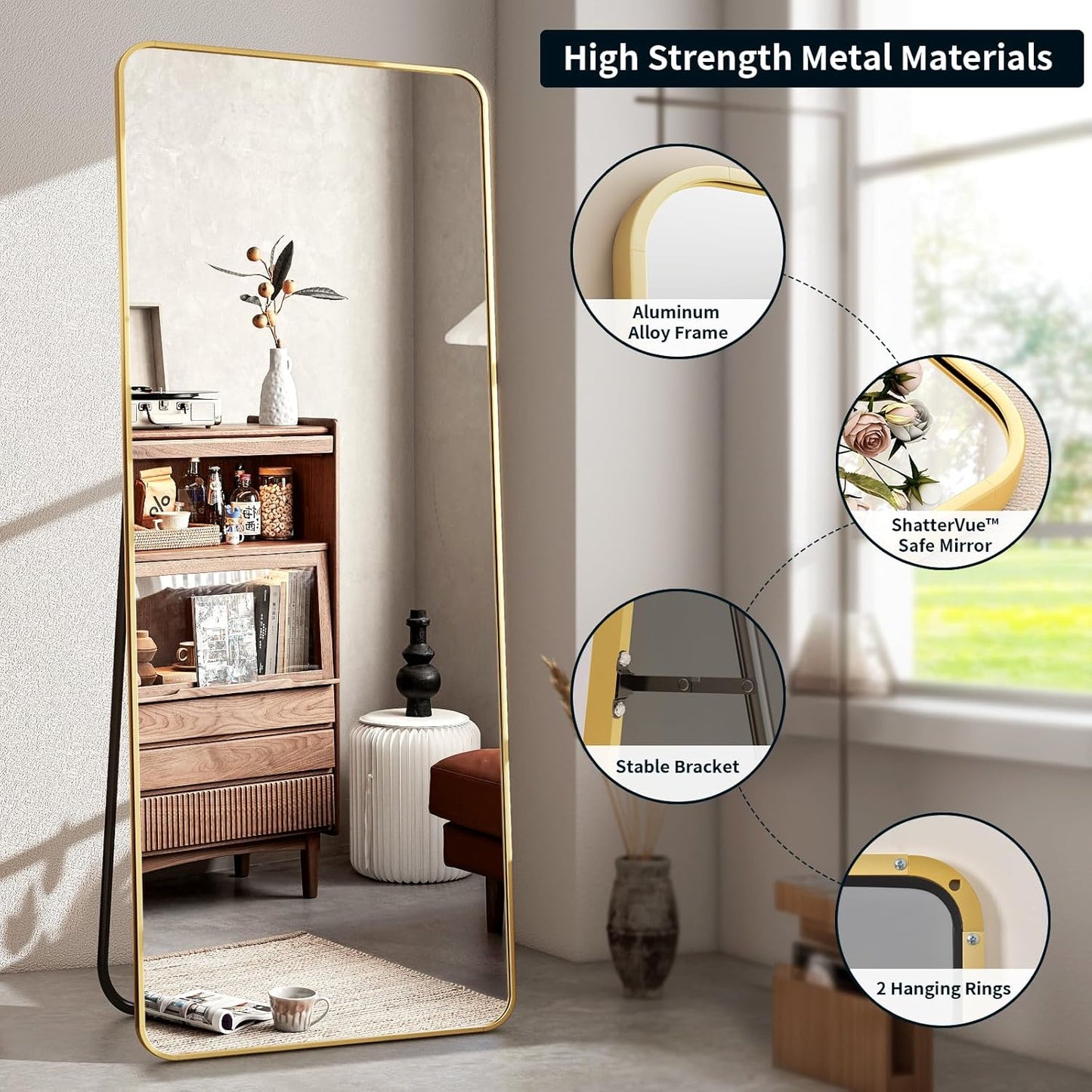 XRAMFY 56"x21" Floor Full Length Mirror Standing Full Body Rounded Corner Rectangle Mirrors with Stand Hanging Wall Mounted Leaning Bedroom Living Room Bedroom Cloakroom,Gold