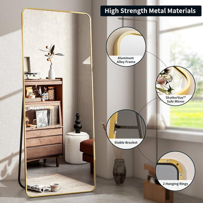 XRAMFY 56"x21" Floor Full Length Mirror Standing Full Body Rounded Corner Rectangle Mirrors with Stand Hanging Wall Mounted Leaning Bedroom Living Room Bedroom Cloakroom,Gold