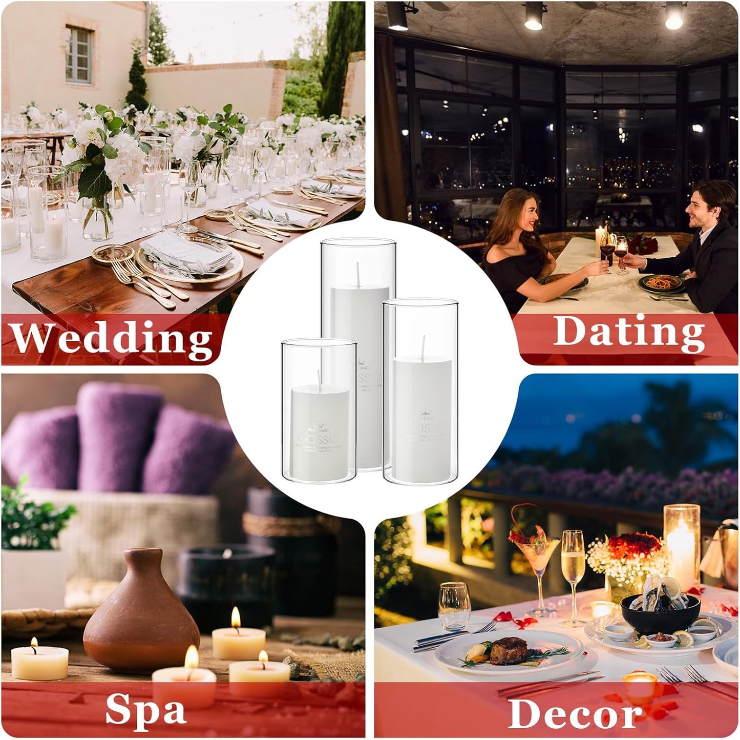 Shihanee 36 Pcs Pillar Candles and Glass Cylinder Vases Tall Cylinder Holders for Pillar Candles Wedding Centerpieces, Total 18 Sets(2.6'' X 4.7'', 5.9'', 7.9'',Clear,Ivory)