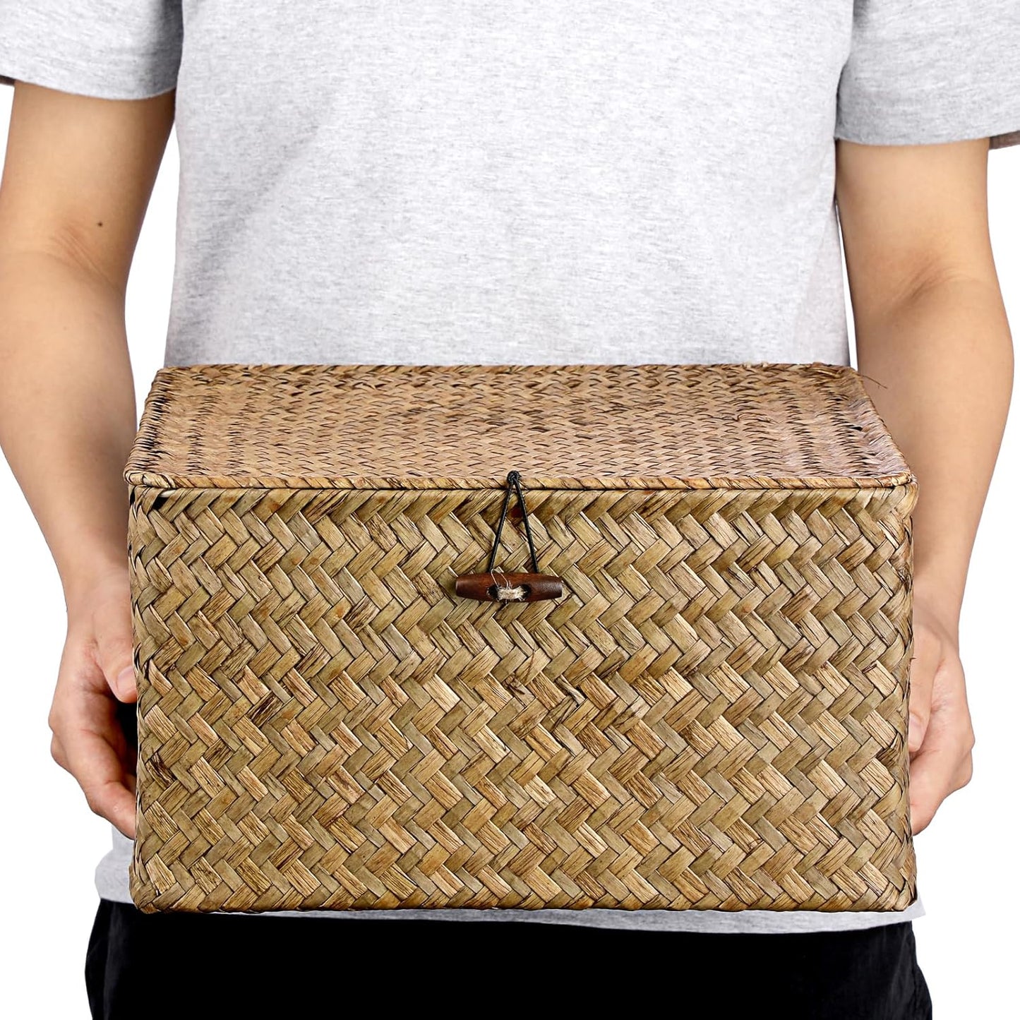Hipiwe Seagrass Basket with Lid Wicker Storage Basket Square Handwoven Decorative Baskets Box for Shelf Multipurpose Household Baskets Home Decor,X-small
