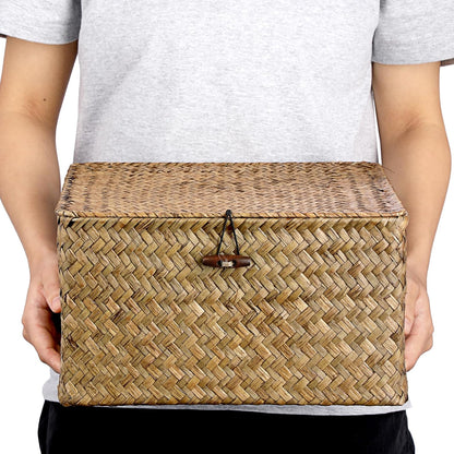 Hipiwe Seagrass Basket with Lid Wicker Storage Basket Square Handwoven Decorative Baskets Box for Shelf Multipurpose Household Baskets Home Decor,X-small