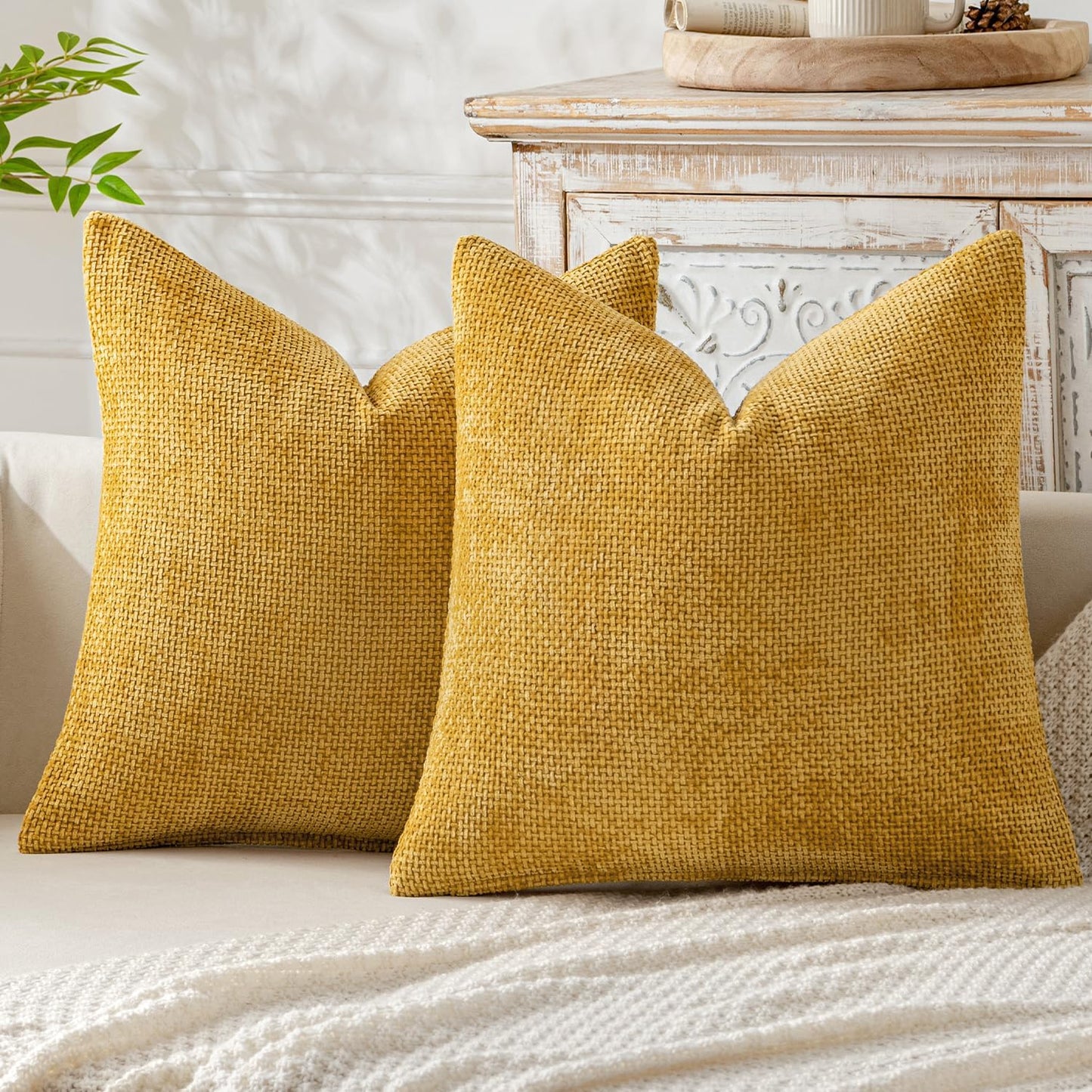 MIULEE Pack of 2 Couch Throw Pillow Covers 18x18 Inch Neutral Beige Modern Boho Accent Decorative Pillow Covers Soft Chenille Farmhouse Cushion Covers for Home Decor Bed Sofa Living Room