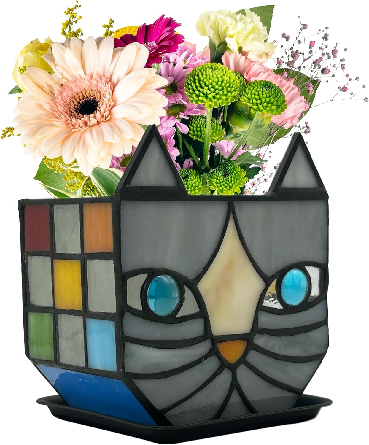 Tiffany Stained Glass Fun Moon Sleeping Cat Planter，Cactus Planter，Cute Planters for Indoor Plants,Decorative Flower Pots As Gifts for Cat Lovers，4.6x3x5.15 in
