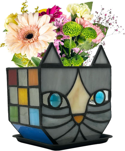 Tiffany Stained Glass Fun Moon Sleeping Cat Planter，Cactus Planter，Cute Planters for Indoor Plants,Decorative Flower Pots As Gifts for Cat Lovers，4.6x3x5.15 in