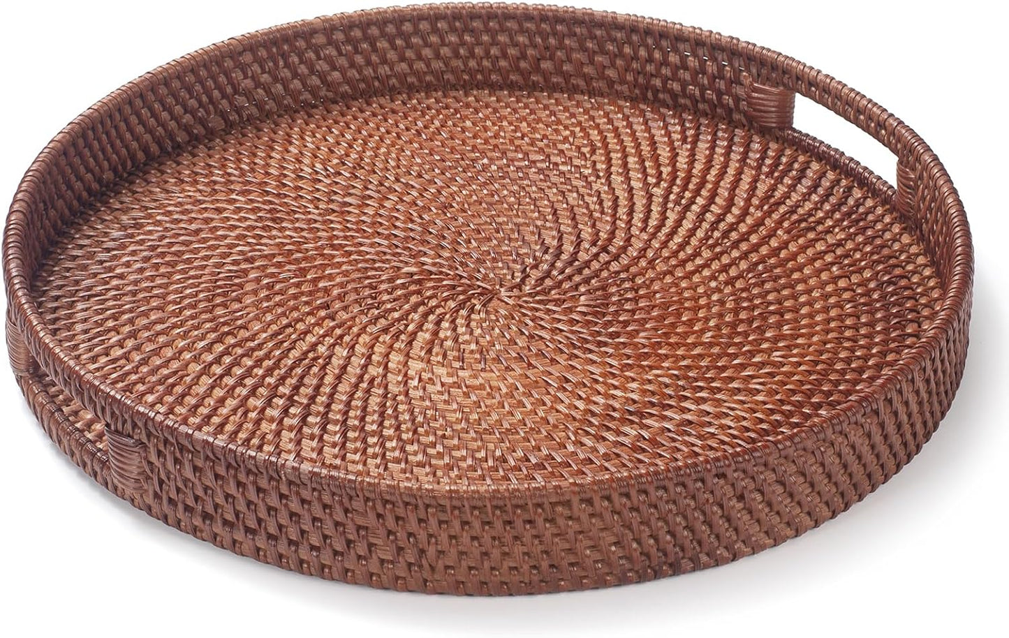 13.8 inch Round Rattan Tray, Decorative Coffee Table Tray, Ottoman Tray, Woven Serving Tray with Handles, Wicker Serving Basket, Whitewash