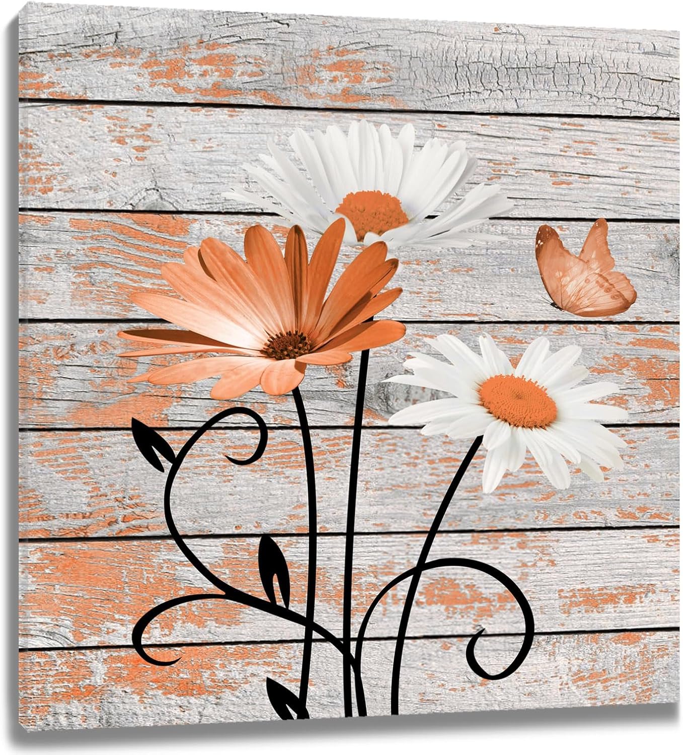 HVEST Farmhouse Floral Wall Art for Living Room, Blue and White Daisy Flower and Butterfly on Rustic Wood Board Canvas Wall Art Framed Artwork Ready to Hang for Bathroom Bedroom Decor, 16L X 12W