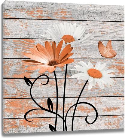 HVEST Farmhouse Floral Wall Art for Living Room, Blue and White Daisy Flower and Butterfly on Rustic Wood Board Canvas Wall Art Framed Artwork Ready to Hang for Bathroom Bedroom Decor, 16L X 12W