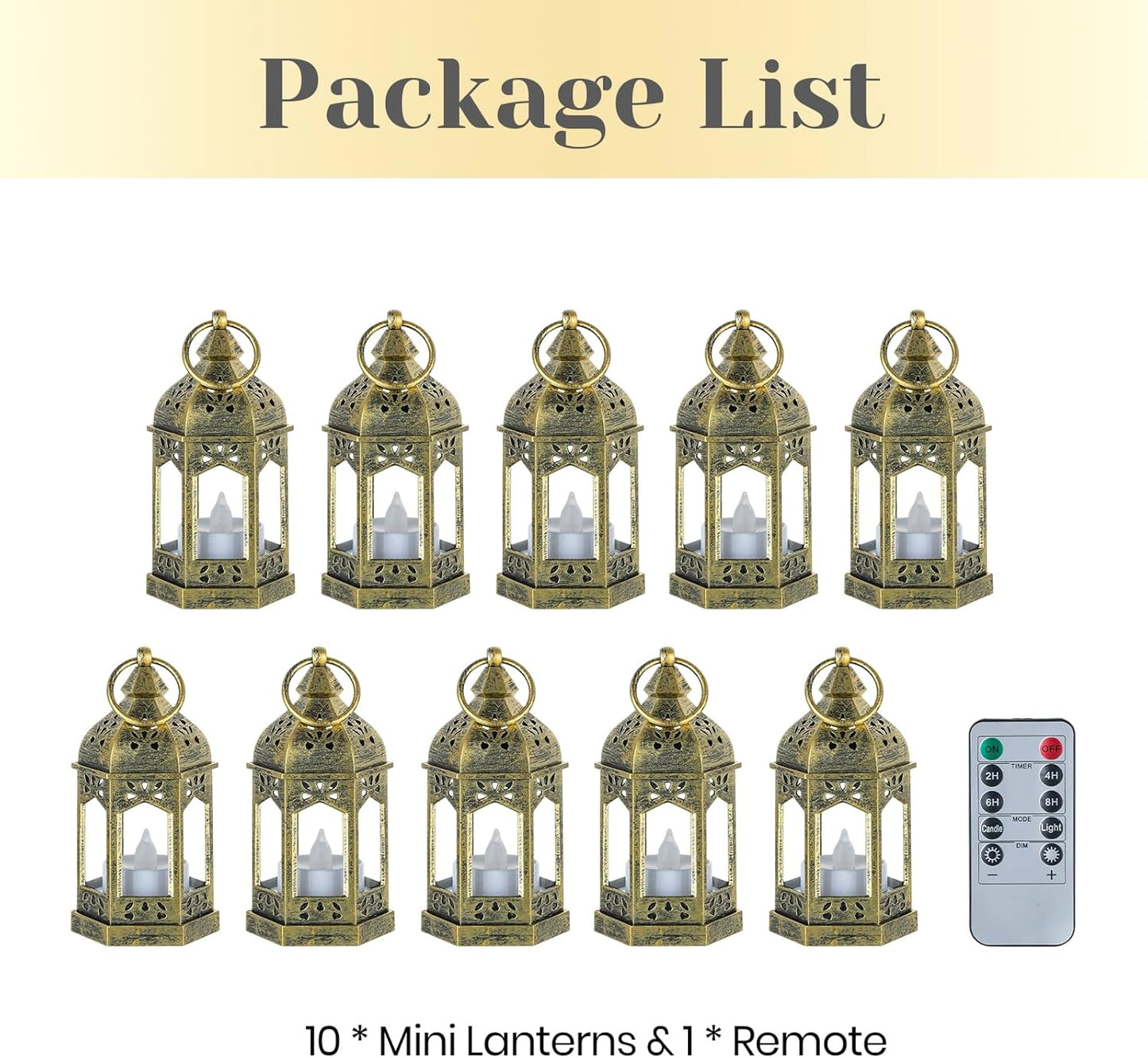 Hewory Mini Lanterns with Remote Control: Set of 10 Gold Decorative Lanterns for Centerpeces - Holiday Party Decoration for Wedding, Ramadan, Diwali, Halloween, Christmas