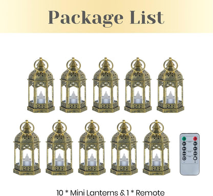 Hewory Mini Lanterns with Remote Control: Set of 10 Gold Decorative Lanterns for Centerpeces - Holiday Party Decoration for Wedding, Ramadan, Diwali, Halloween, Christmas