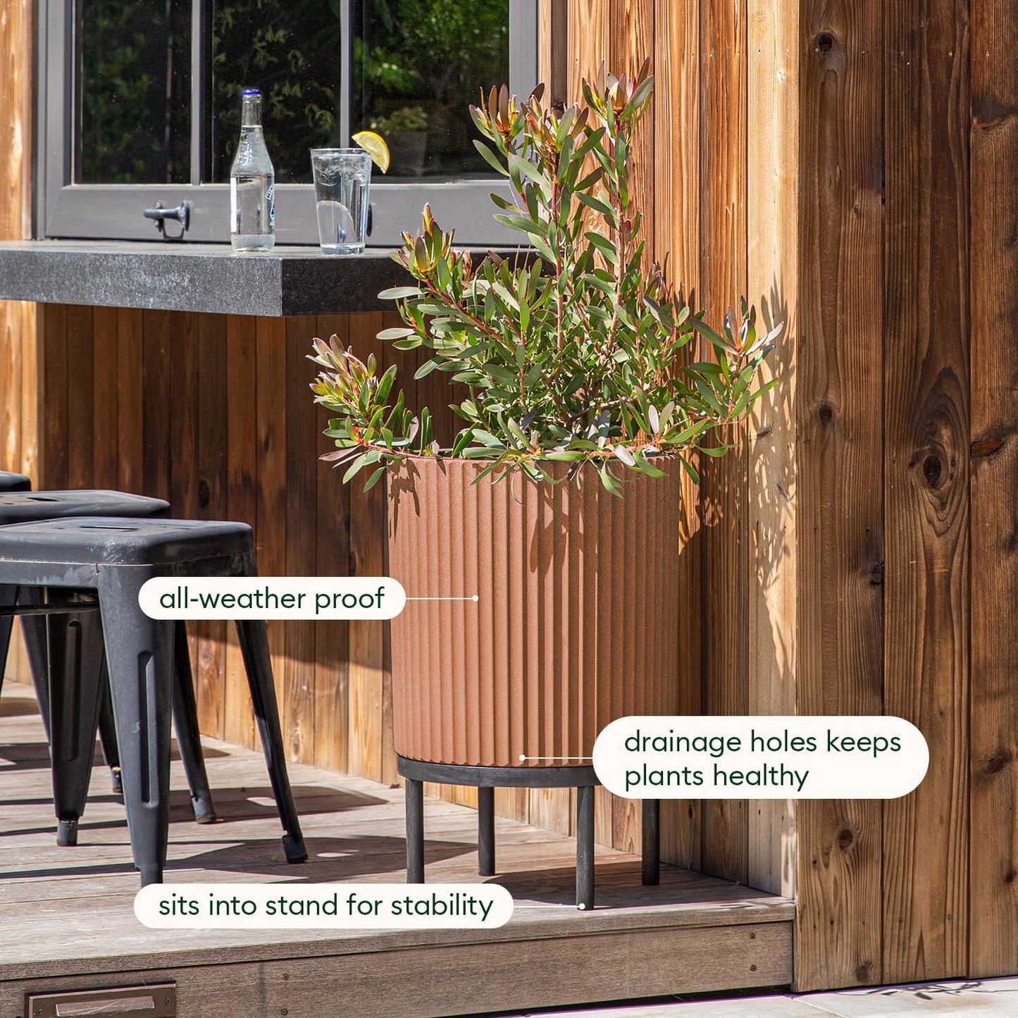 Veradek Demi Series Round Planter w/ Stand for Porch/Patio | Durable Plastic-Concrete & Wooden Stand | Modern Décor for Tall Plants, Flowers