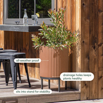 Veradek Demi Series Round Planter w/ Stand for Porch/Patio | Durable Plastic-Concrete & Wooden Stand | Modern Décor for Tall Plants, Flowers