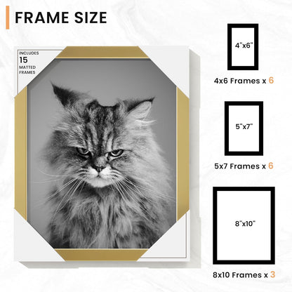 Venusmiles 15 Pack Picture Frames Collage Wall Decor, Gallery Frame Set for Wall Mounting or Tabletop Display, Multi Sizes Including 3pcs 8x10, 6pcs 5x7, 6pcs 4x6, Oak