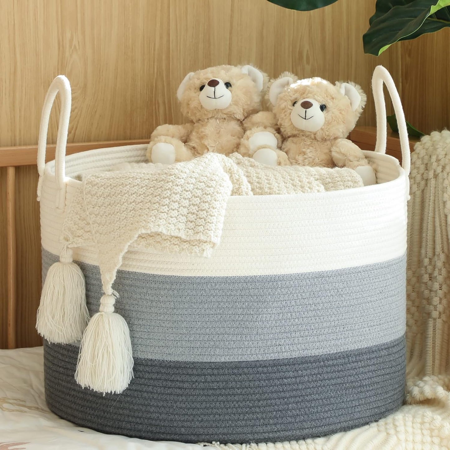KAKAMAY Large Blanket Basket (20"x13"),Woven Baskets for storage Baby Laundry Hamper, Cotton Rope Blanket Basket for Living Room, Laundry, Nursery, Pillows, Baby Toy chest (White/Brown)