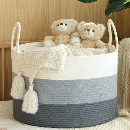 KAKAMAY Large Blanket Basket (20"x13"),Woven Baskets for storage Baby Laundry Hamper, Cotton Rope Blanket Basket for Living Room, Laundry, Nursery, Pillows, Baby Toy chest (White/Brown)