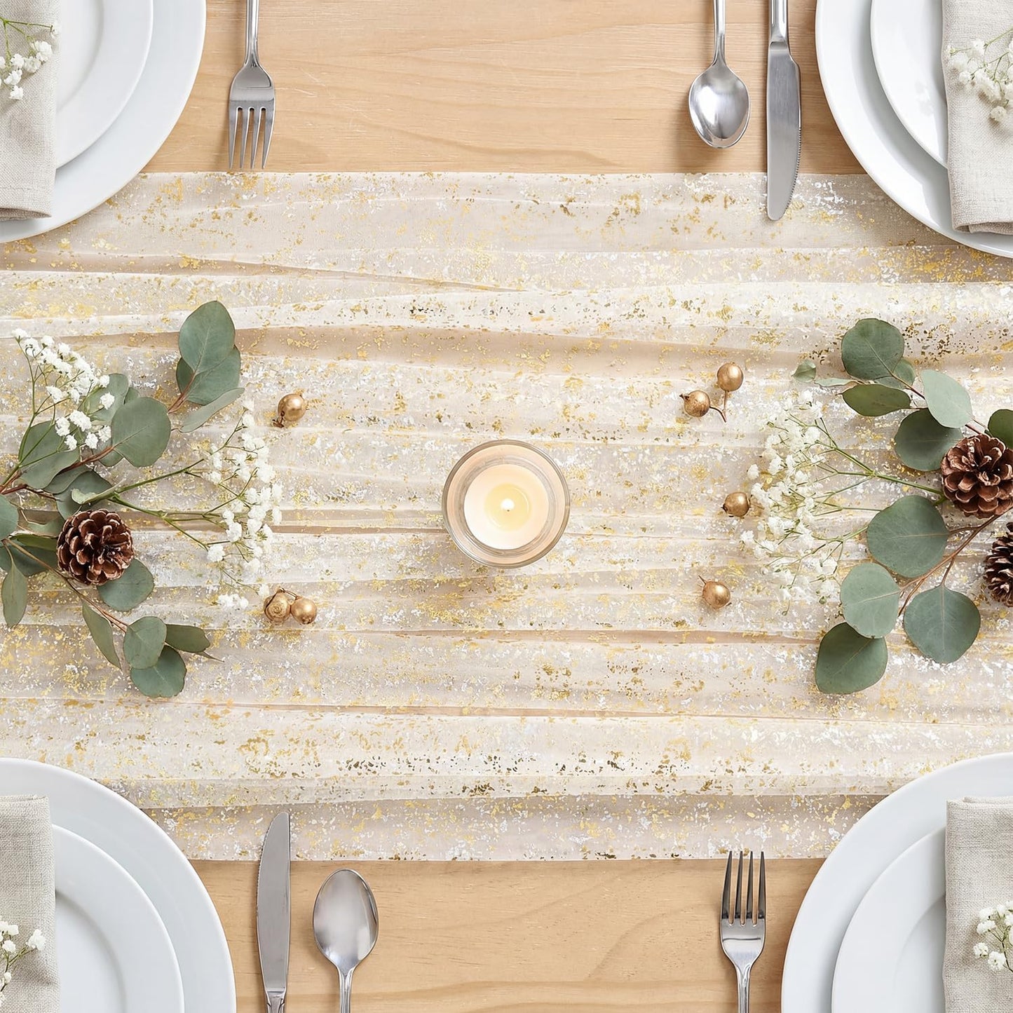 Artoid Mode Beige Gold Gauze Table Runner 120 Inch 10FT, Glitter Metallic Foil Sheer Dining Wedding Anniversary Holiday Birthday Table Decor for Home Party