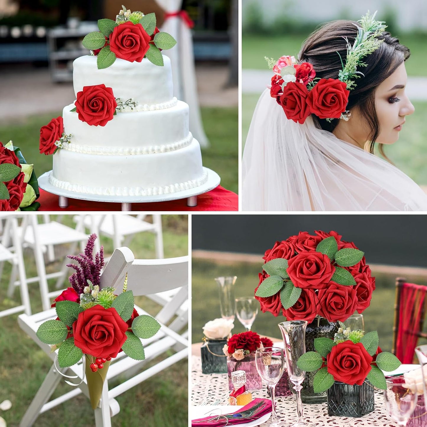 AmyHomie Artificial Flowers Dark Red Rose 25pcs Real Looking Fake Roses w/Stem for DIY Wedding Bouquets Centerpieces Arrangements Party Baby Shower Mothers Day Christmas Tree Decorations