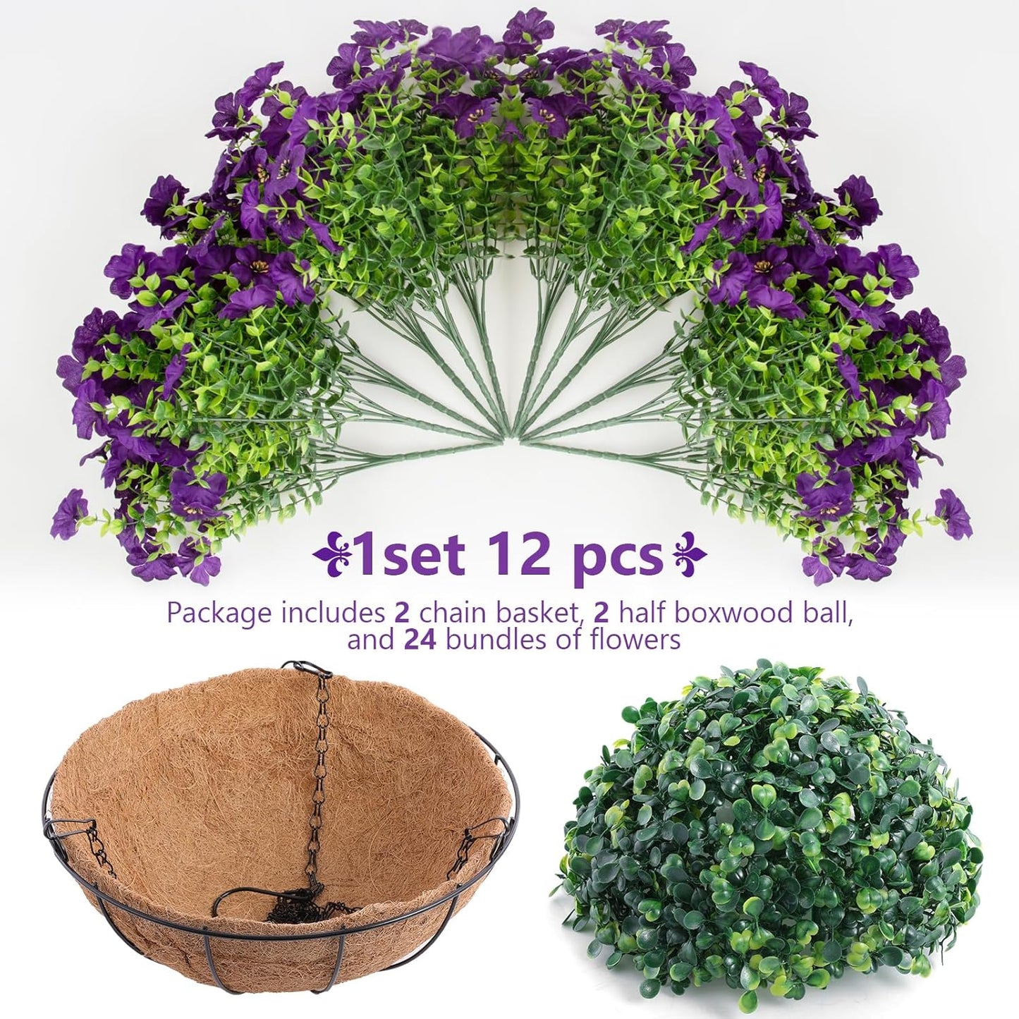 Hananona 2 Set Artificial Outdoor Flowers with Hanging Basket, 2 Hanging Planters with 24 Pcs Flowers for Spring Summer Front Porch Garden Patio Home Decor (2, Red, Purple, Yellow, Rose Red)