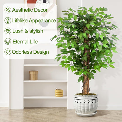 7ft Large Ficus Artificial Trees with Natural Curved Trunks, 84" Tall Lush Faux Tree for Home Decor Indoor, Green Lifelike Fake Ficus Tree Artificial Plants in Pot