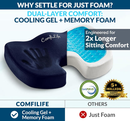 ComfiLife Premium Gel & Memory Foam Seat Cushion – Doctor Recommended Office Chair Cushion, Car Seat Cushion – Chair Cushions for Back & Sciatica Pain Relief – Seat Cushions for Office & Desk (Black)