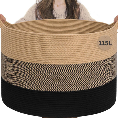 INDRESSME XXXLarge Blanket Basket for Living Room 21.7" x 21.7" x 13.8"-Storage Basket with Handle for Organizing Toy Pillows Woven Cotton Rope Laundry Basket Stuffed Animal Toy Storage for Play Room