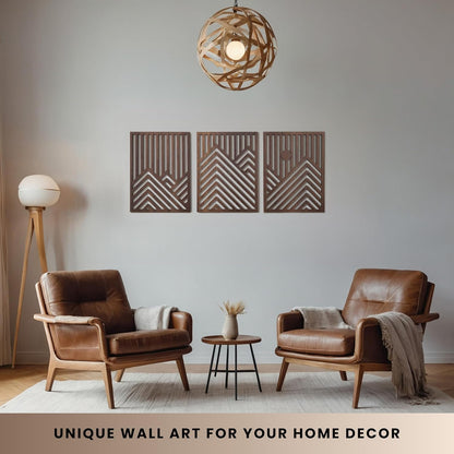 qmmp Modern Wooden Wall Sculptures - Set of 3 - Home Decor Accent - Large Wall Art for Living Room, Bedroom, Office - Easy Installation (Oak, Medium - Mountain and Sun)