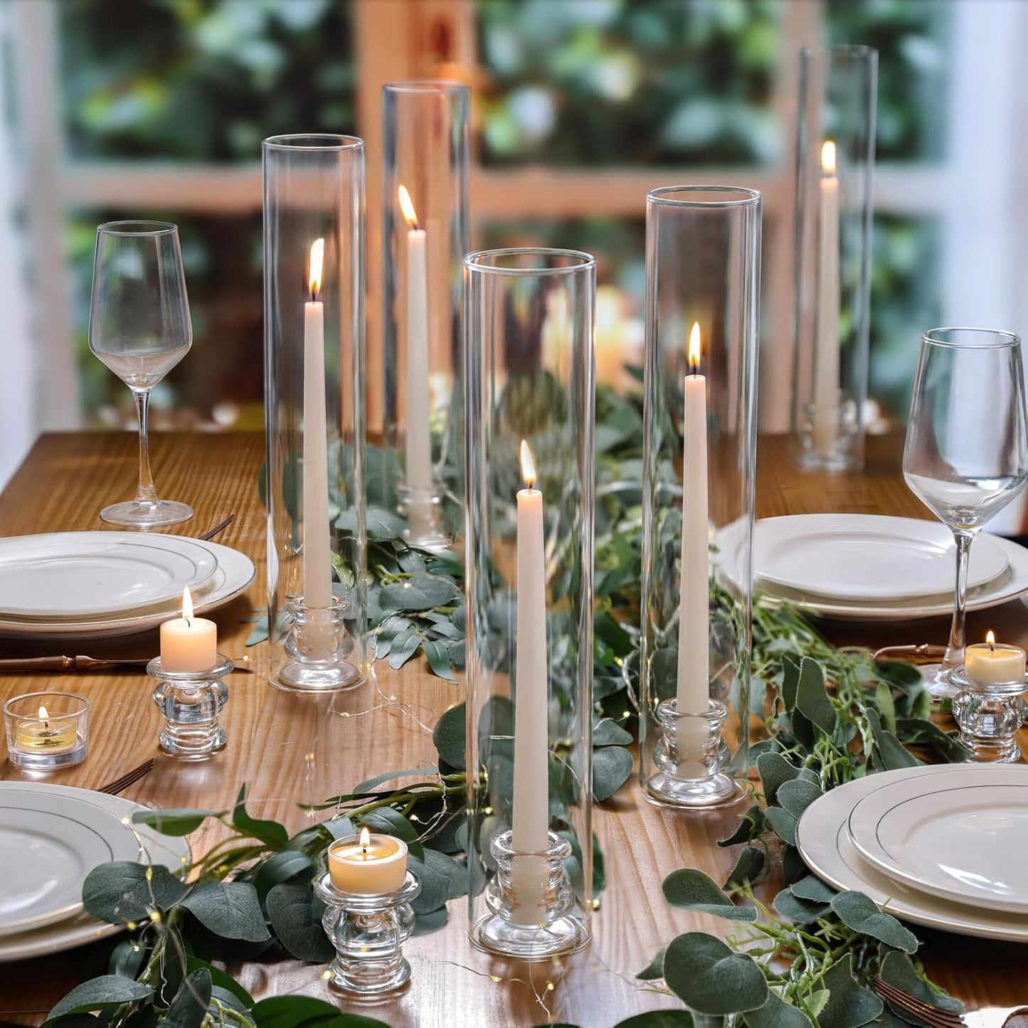 Volens Hurricane Glass Candle Holders - Set of 6 Candlestick Holders for Taper Candles with Windproof Cylinder Covers 14" Tall Clear Glass Chimney Cover for Wedding Table Centerpiece Home Decor