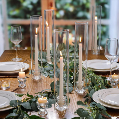 Volens Hurricane Glass Candle Holders - Set of 6 Candlestick Holders for Taper Candles with Windproof Cylinder Covers 14" Tall Clear Glass Chimney Cover for Wedding Table Centerpiece Home Decor